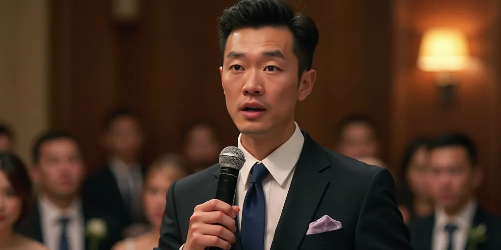 a man in a suit and tie speaking into a microphone with other people in the background at a wedding,