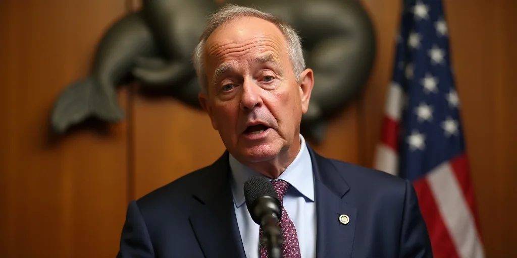 a man in a suit and tie speaking into a microphone with a seal on the wall behind him and a flag beh