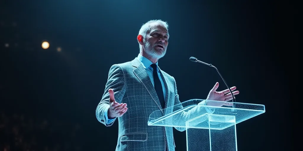 a man in a suit and tie speaking at a podium with his hands out to the side of the podium, ESAO, mit
