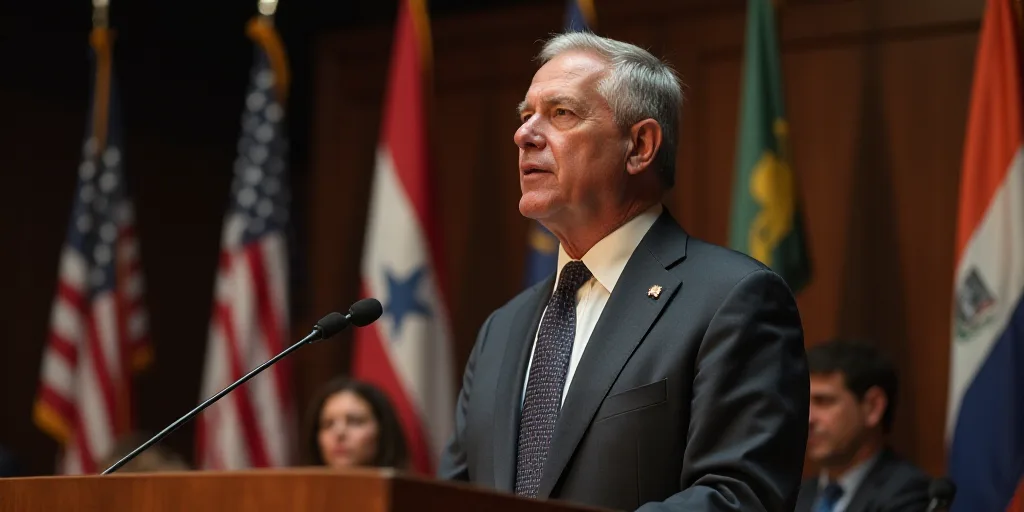 a man in a suit and tie speaking at a podium with flags behind him and a board of directors behind h