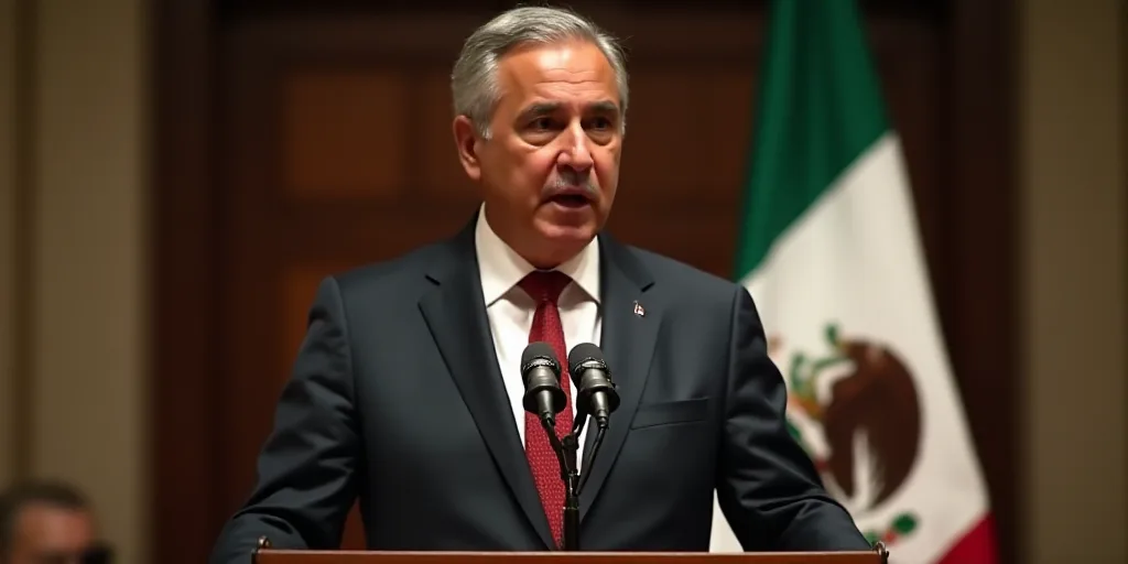 a man in a suit and tie speaking at a podium with a mexican flag behind him and a mexican flag behin