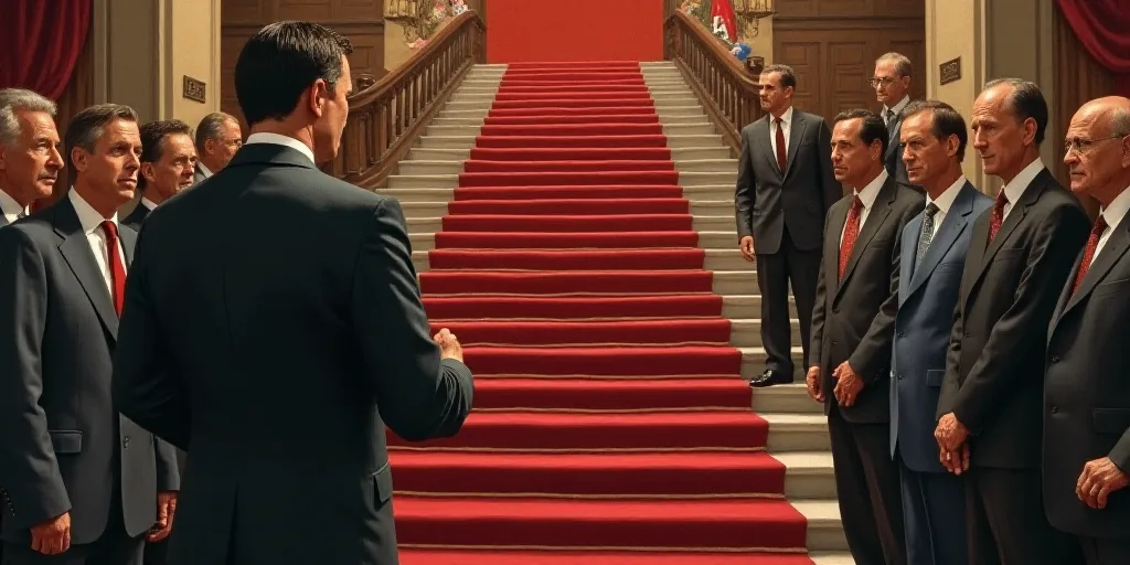a man in a suit and tie speaking to a group of people in front of a staircase with a red carpet, Car