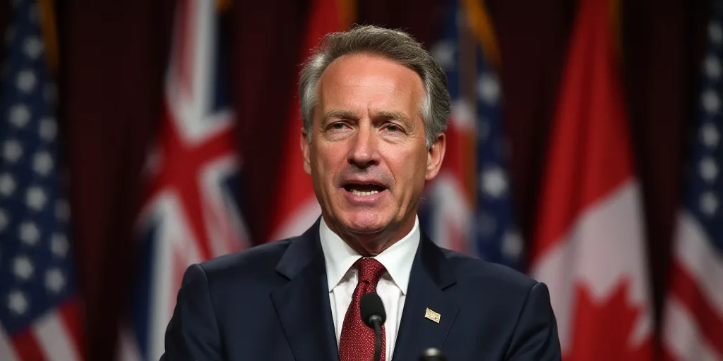a man in a suit and tie speaking into a microphone with flags behind him and a microphone in the for