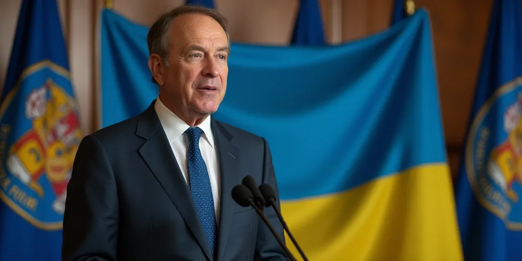 a man in a suit and tie speaking into a microphone with flags behind him and a blue and yellow banne