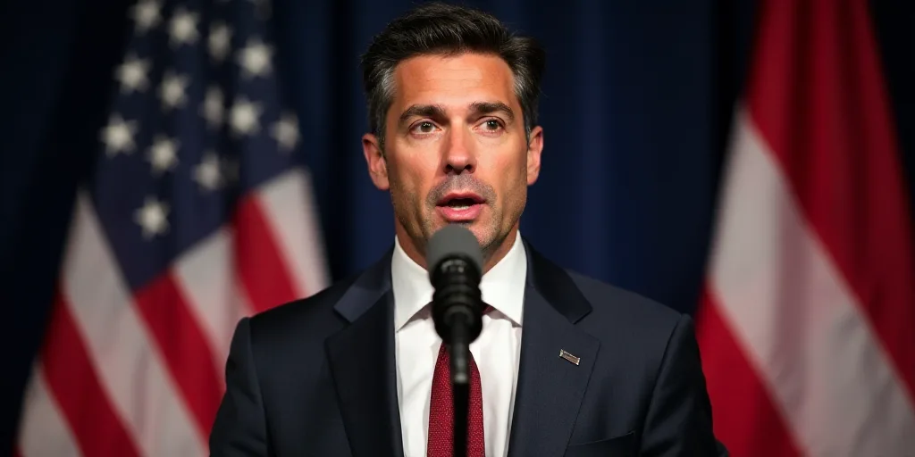 a man in a suit and tie speaking into a microphone with two american flags behind him and a micropho