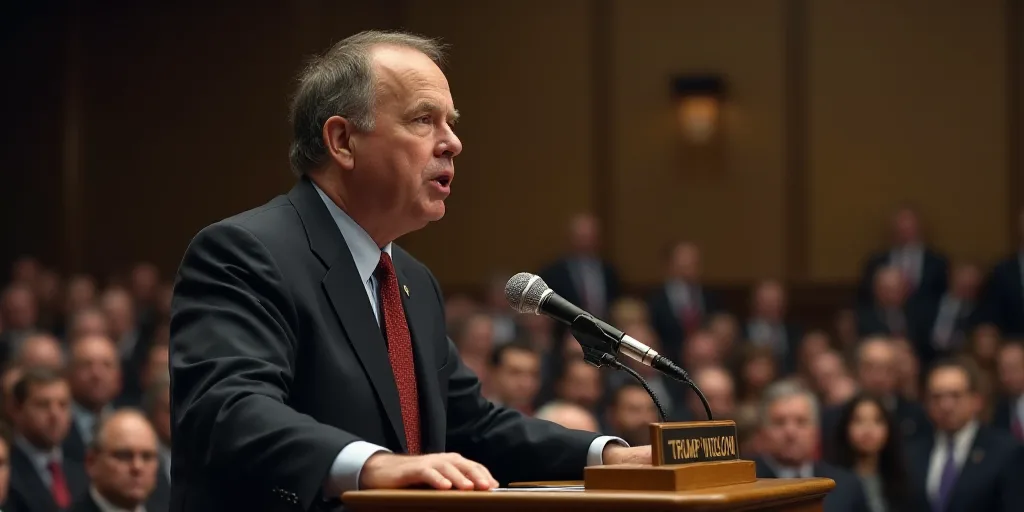 a man in a suit and tie speaking at a podium with a microphone in front of him and a crowd, Donald R