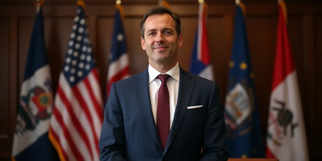a man in a suit and tie standing in front of a desk with a flag and other flags behind him, Dan Scot