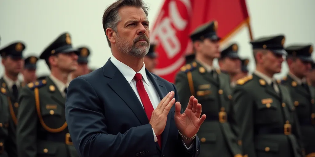 a man in a suit and tie standing in front of a group of soldiers and clapping hands in front of a fl