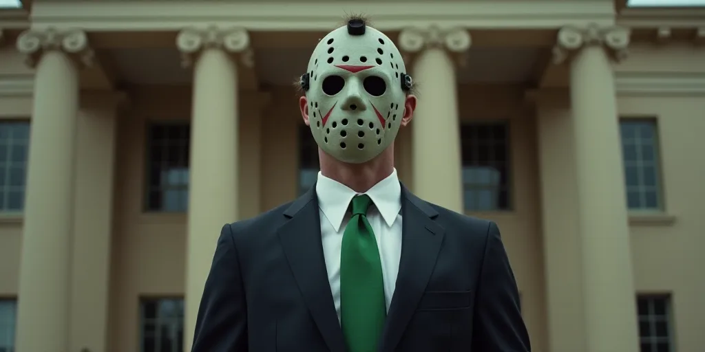a man in a suit and tie standing in front of a building with a green tie on his neck, Clark Voorhees