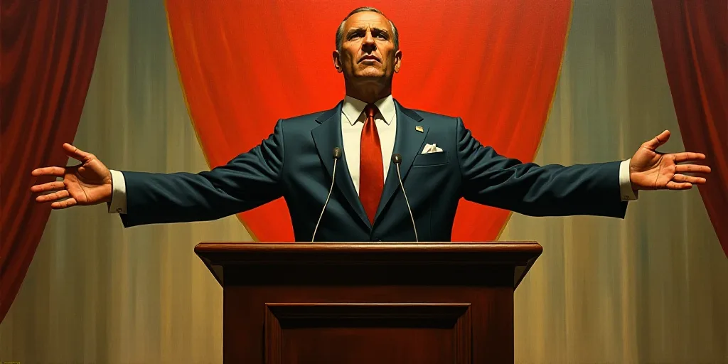 a man in a suit and tie standing at a podium with his arms out and his hands out in front of him, Do