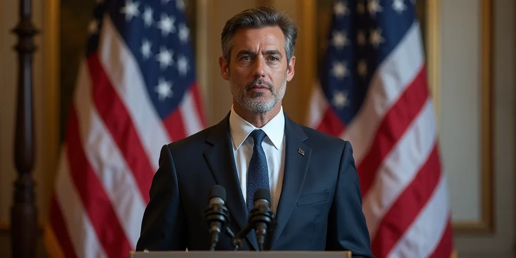 a man in a suit and tie standing in front of two flags and a microphone in front of him, Americo Mak