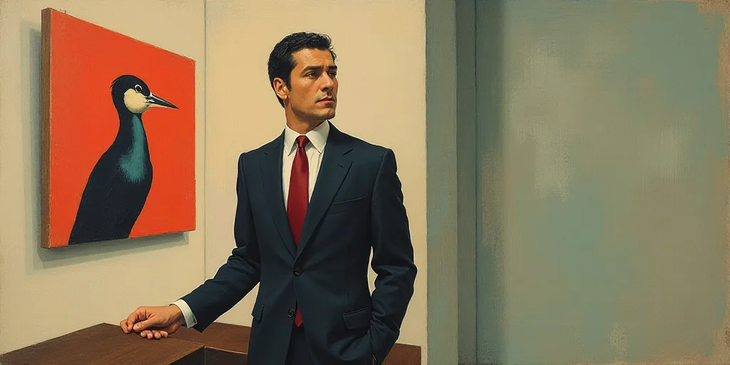 a man in a suit and tie standing in front of a painting of a bird on a wall behind him, Carlos Franc