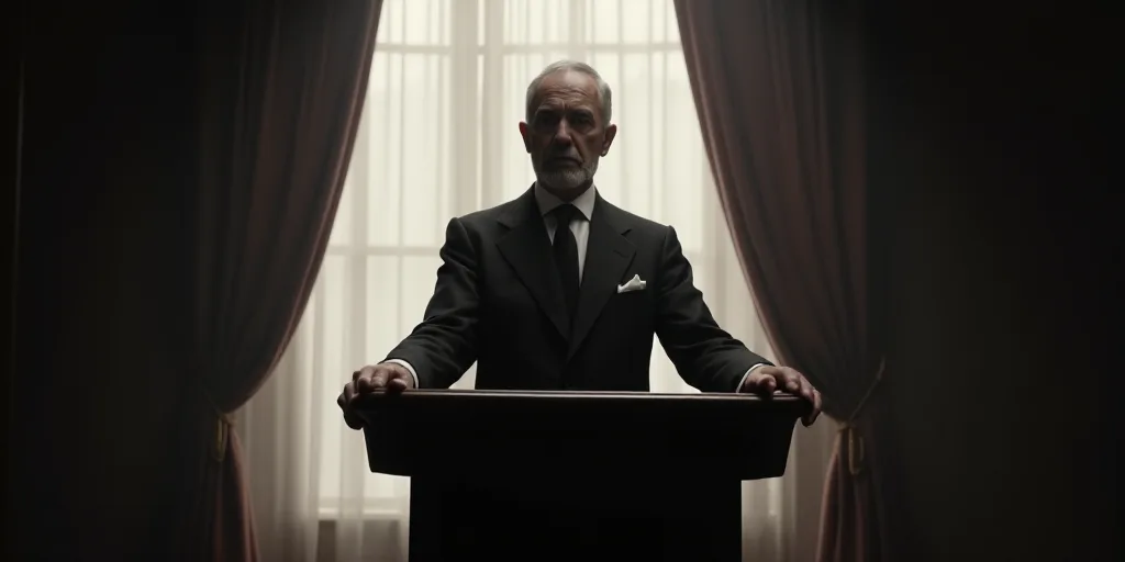a man in a suit and tie standing at a podium in front of a window with curtains and a curtain, Cassi