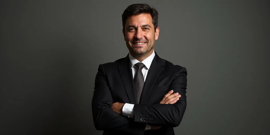a man in a suit and tie standing with his arms crossed and smiling at the camera with his arms cross