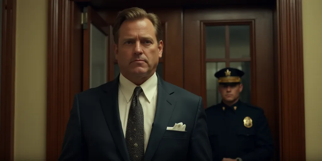a man in a suit and tie standing in front of a door with a man in uniform in the background, Donald