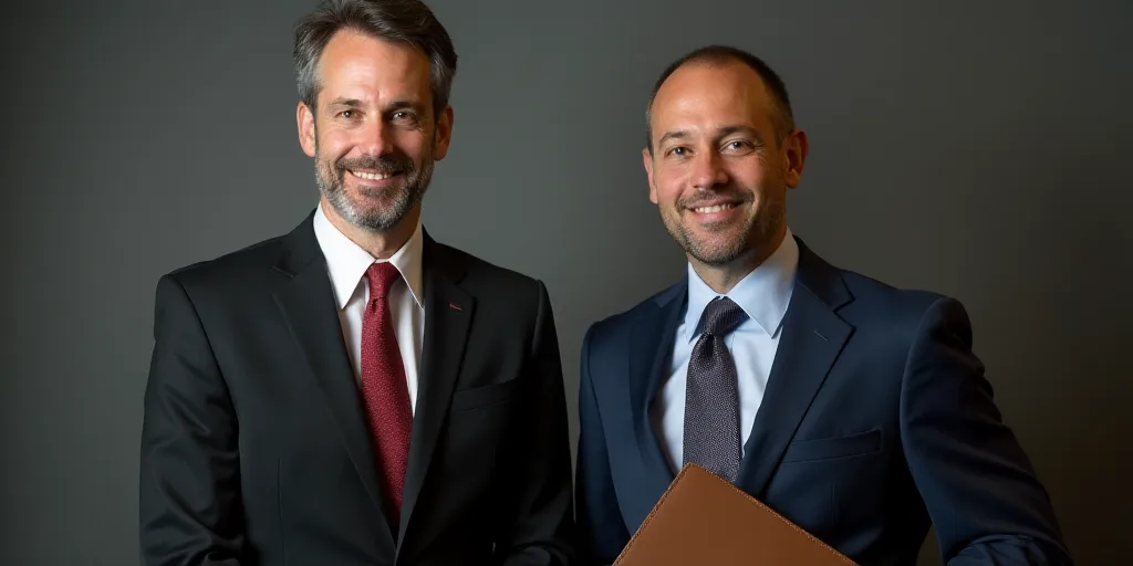 a man in a suit and tie standing next to another man in a suit and tie and holding a folder, David G