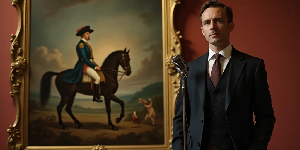 a man in a suit and tie standing in front of a painting of a man on a horse and a microphone, David