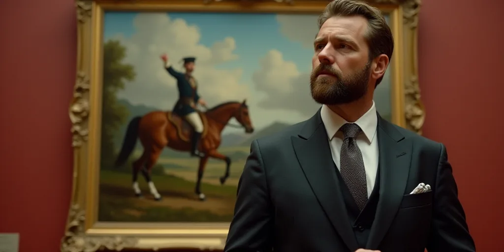 a man in a suit and tie standing in front of a painting of a man on a horse and a microphone, David
