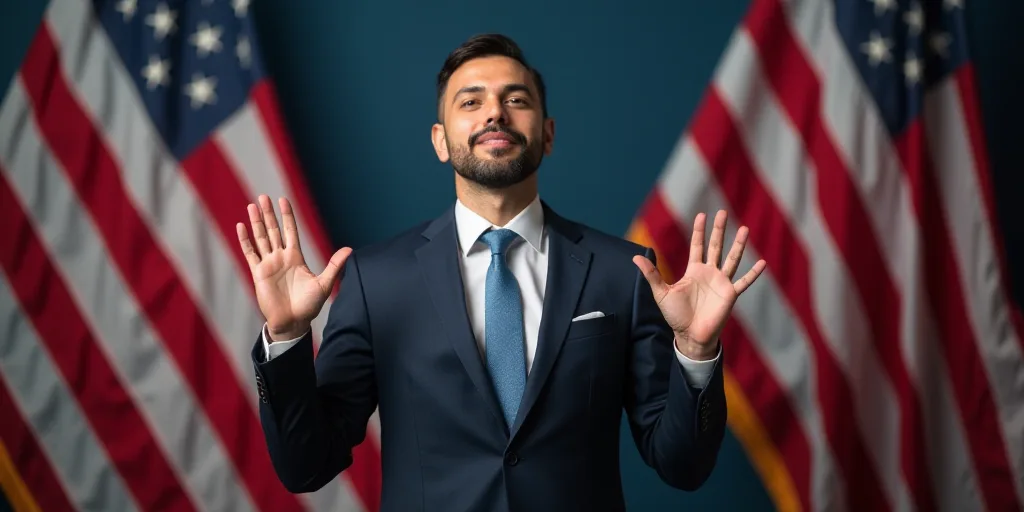 a man in a suit and tie standing in front of two american flags and holding his hands up in the air,