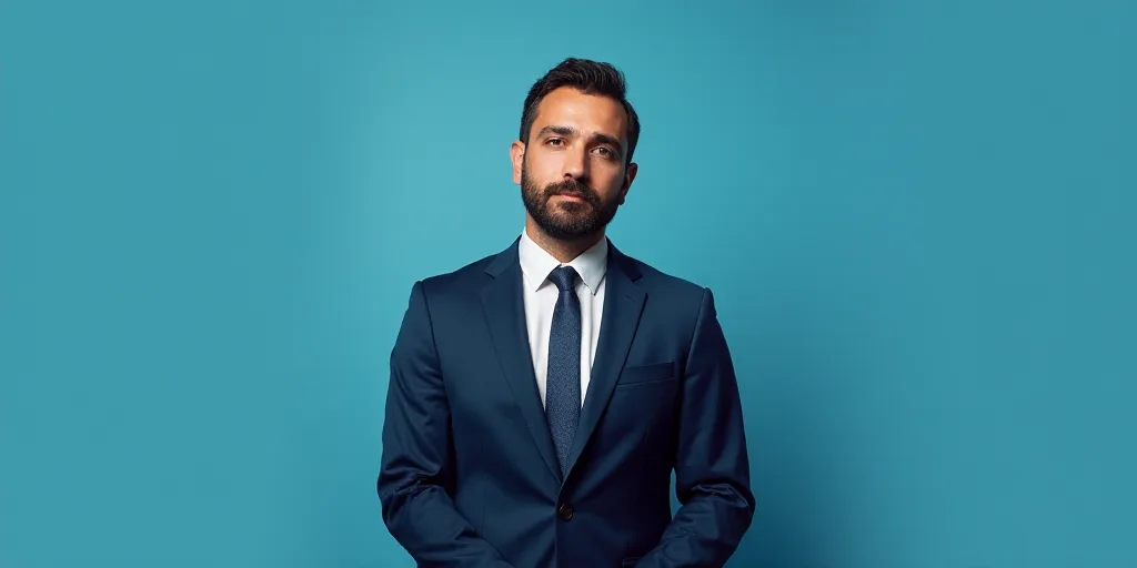 a man in a suit and tie standing in front of a blue background with a caption that reads, louis migu