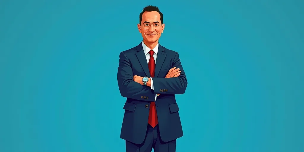 a man in a suit and tie standing with his arms crossed in front of him, with a blue background, Carl