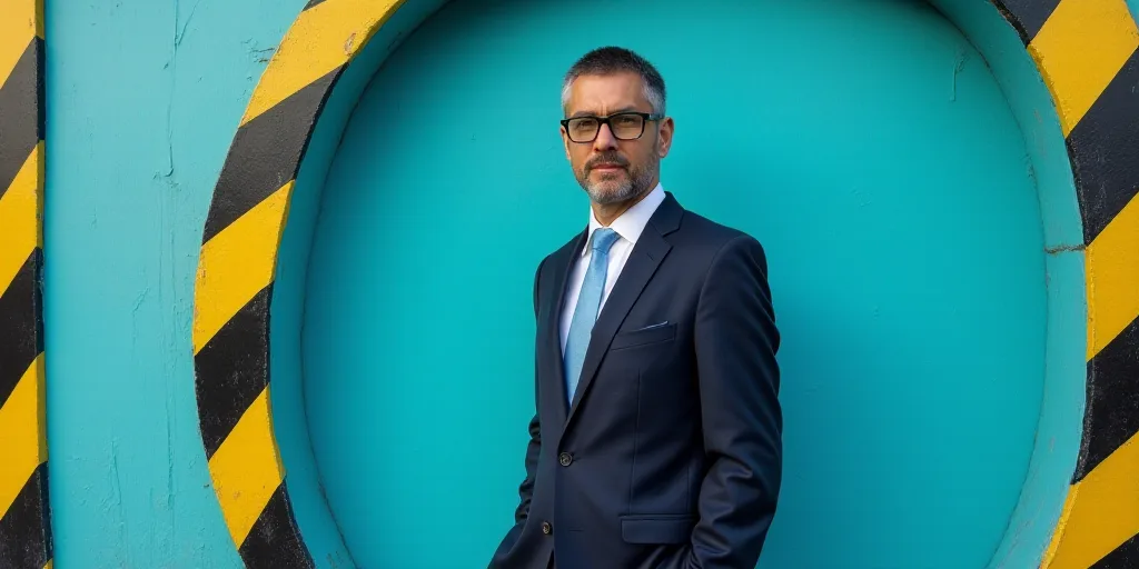 a man in a suit and tie standing in front of a blue background with a black and yellow border, Carlo