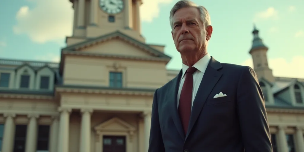 a man in a suit and tie standing in front of a building with a clock tower in the background, Donald