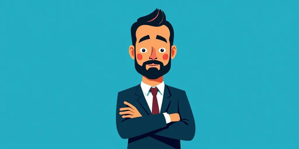 a man in a suit and tie standing with his arms crossed in front of him, with a blue background, Carl