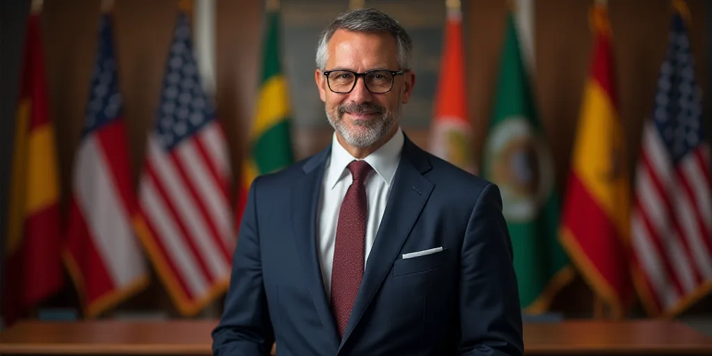 a man in a suit and tie standing in front of a desk with a flag and other flags behind him, Dan Scot