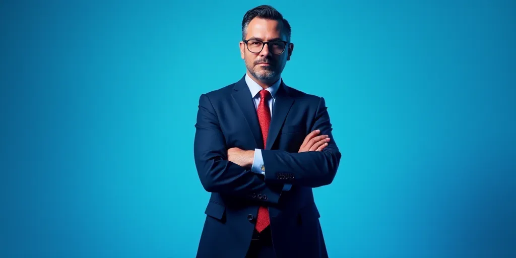 a man in a suit and tie standing with his arms crossed in front of him with a blue background, Estua