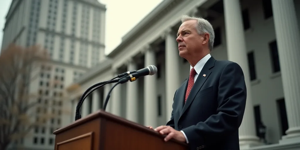 a man in a suit and tie standing at a podium with a microphone in front of him and a building in the
