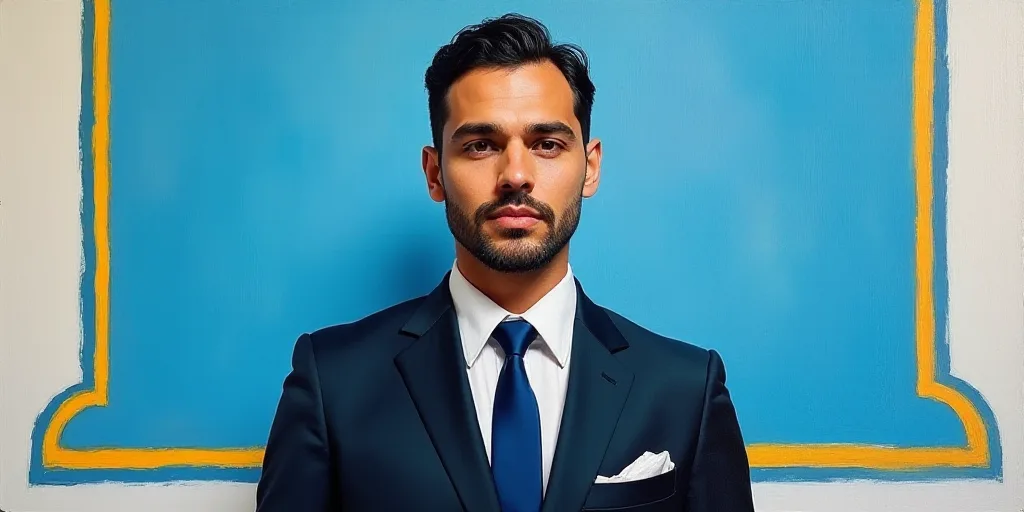 a man in a suit and tie standing in front of a blue background with a white and yellow border, Carlo