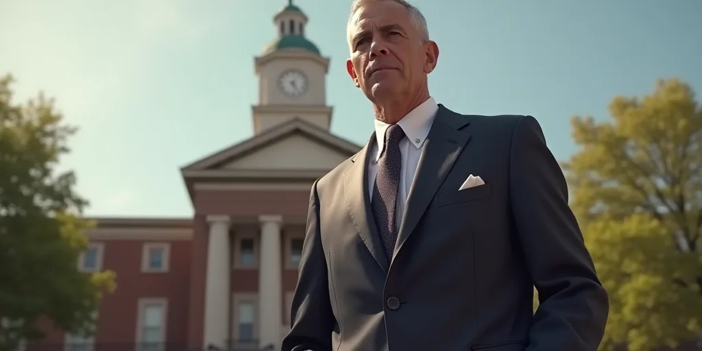 a man in a suit and tie standing in front of a building with a clock tower in the background, Donald
