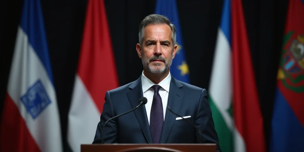 a man in a suit and tie standing at a podium with flags behind him and a microphone in front of him,