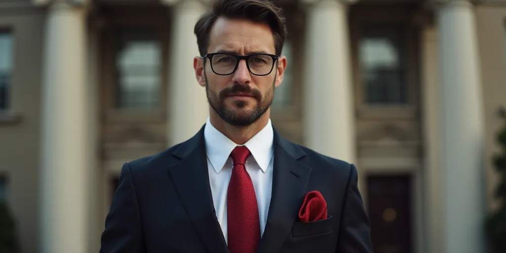 a man in a suit and tie standing in front of a building with a red tie on his lap, Donald Roller Wil