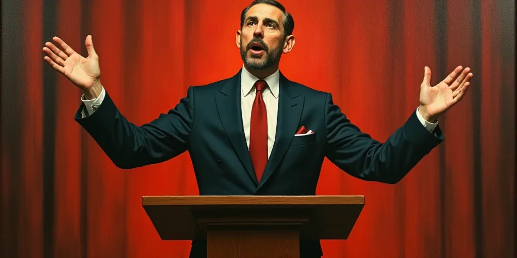 a man in a suit and tie standing at a podium with his arms out and his hands out in front of him, Do