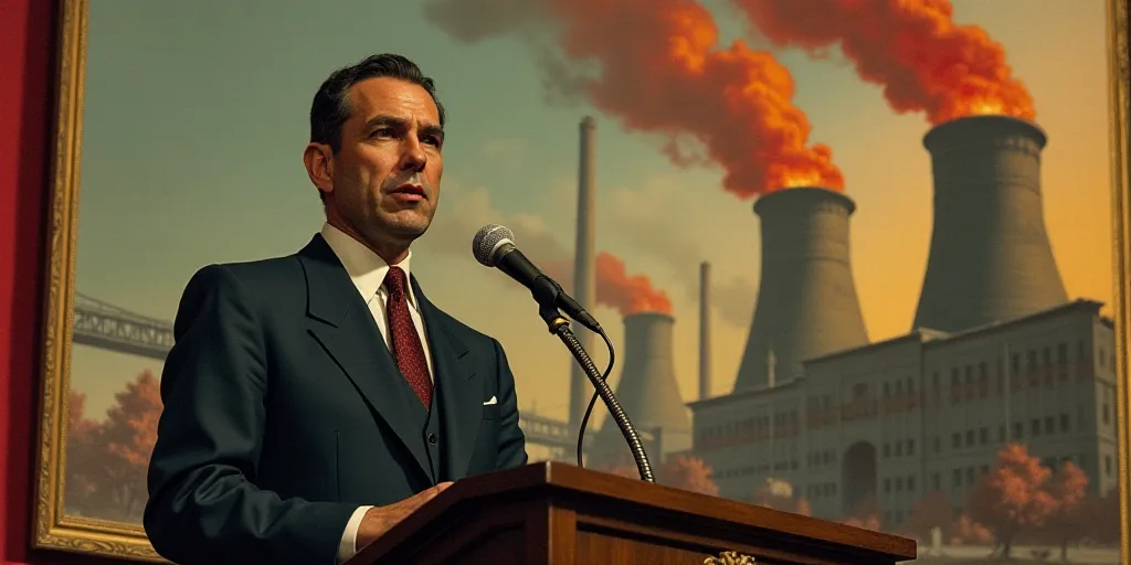 a man in a suit and tie standing in front of a microphone and a large picture of a factory, Agustín