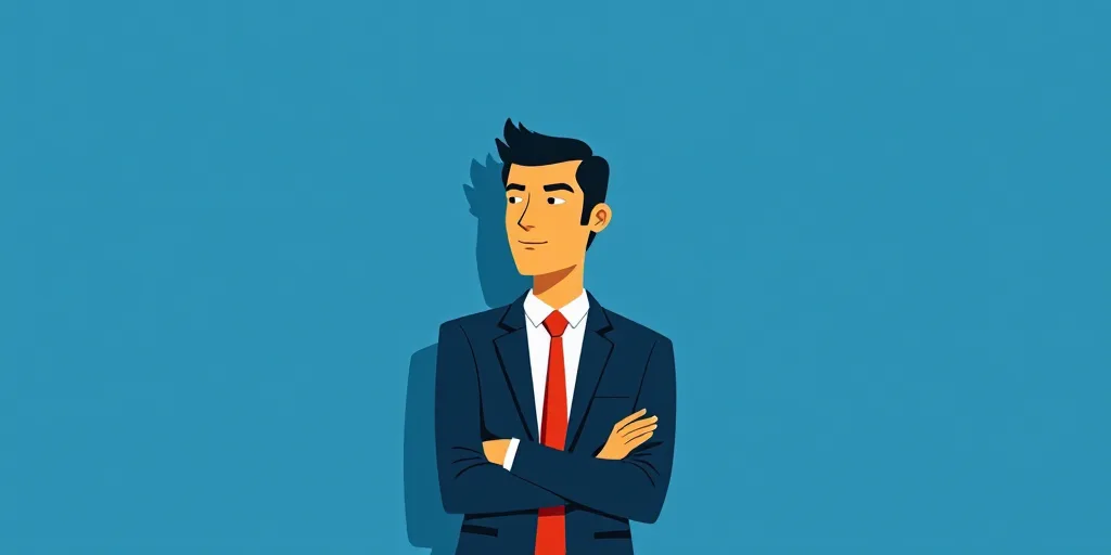 a man in a suit and tie standing with his arms crossed in front of him, with a blue background, Carl