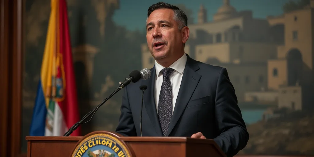 a man in a suit and tie standing at a podium with a microphone in front of him and a sign behind him