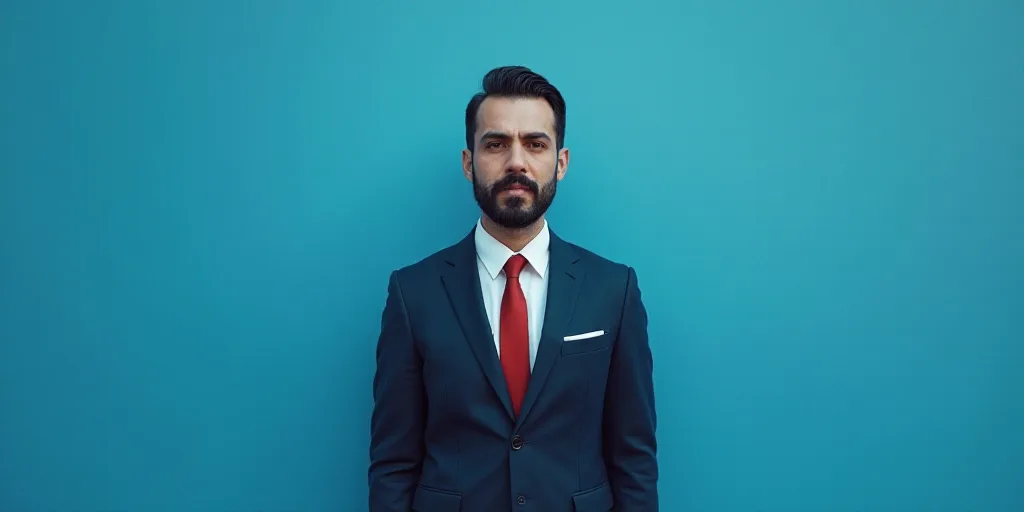 a man in a suit and tie standing in front of a blue background with a caption that reads, louis migu