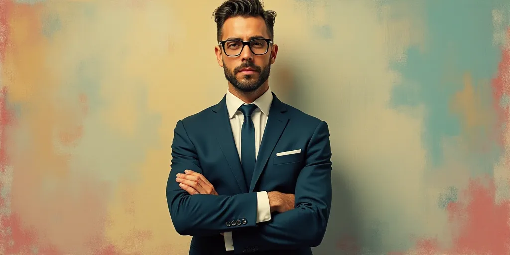 a man in a suit and tie standing with his arms crossed in front of him, with the caption of a photo