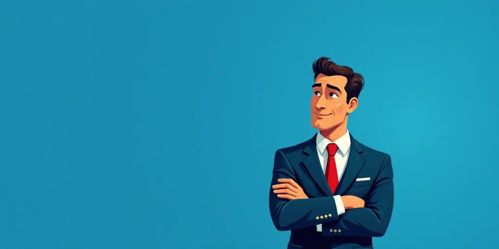 a man in a suit and tie standing with his arms crossed in front of him, with a blue background, Carl