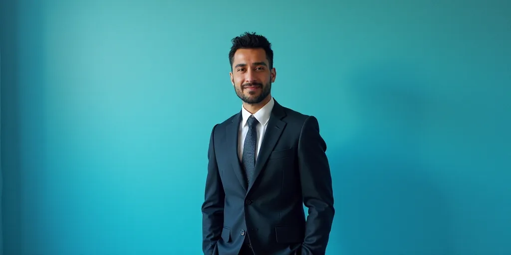 a man in a suit and tie standing in front of a blue background with a black and white photo, Alejand