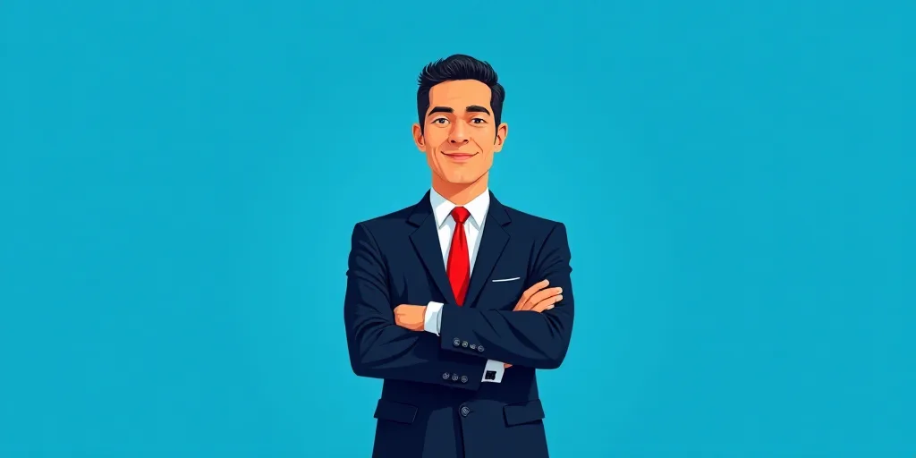 a man in a suit and tie standing with his arms crossed in front of him, with a blue background, Carl