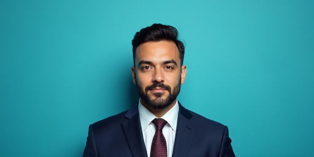 a man in a suit and tie standing in front of a blue background with a caption that reads, louis migu