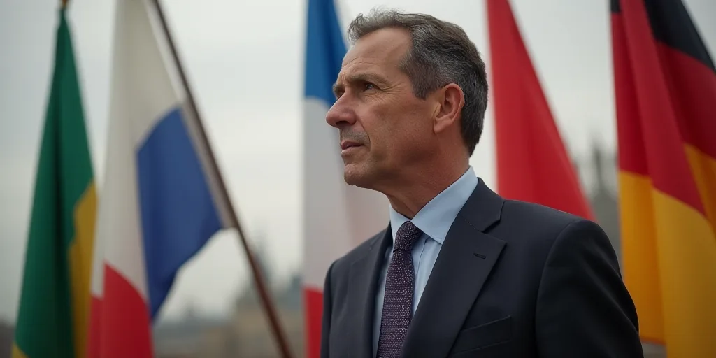 a man in a suit and tie standing in front of flags of different colors and sizes, looking off to the