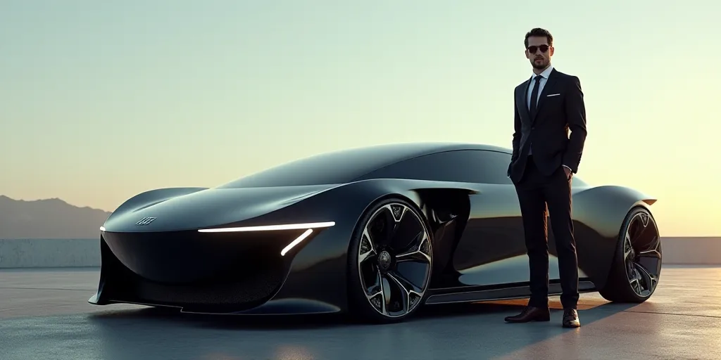 a man in a suit and tie standing next to a car with a man in a suit and tie, Dahlov Ipcar, future, a