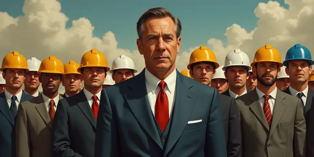 a man in a suit and tie standing in front of a group of people wearing hard hats and hardhats, Donal