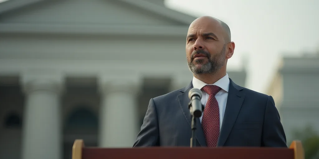 a man in a suit and tie standing at a podium with a microphone in front of him and a building in the