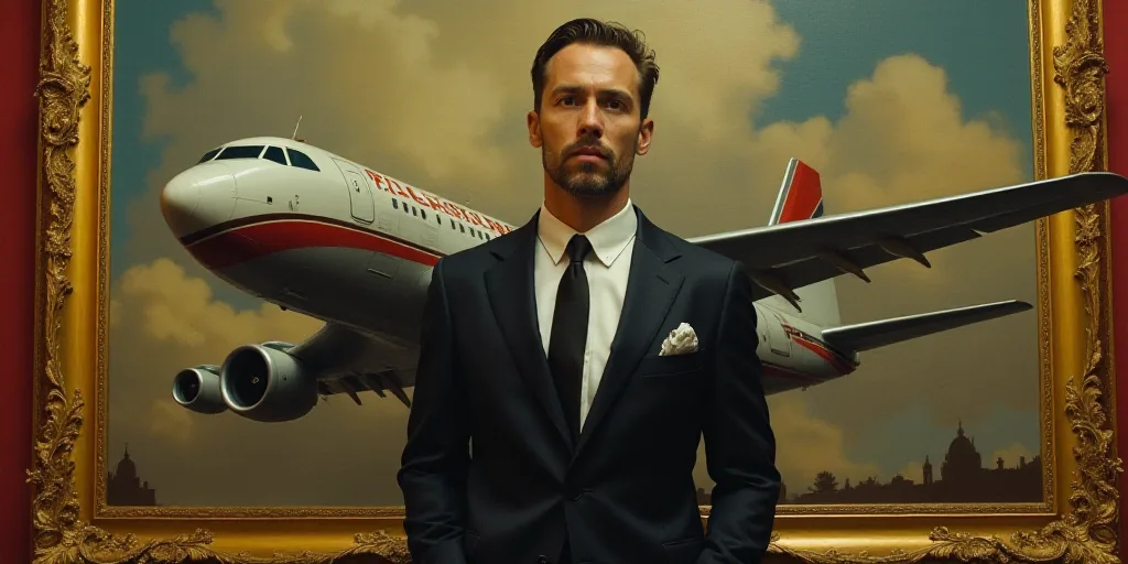 a man in a suit and tie standing in front of a model airplane and a wall with gold decorations, Dona